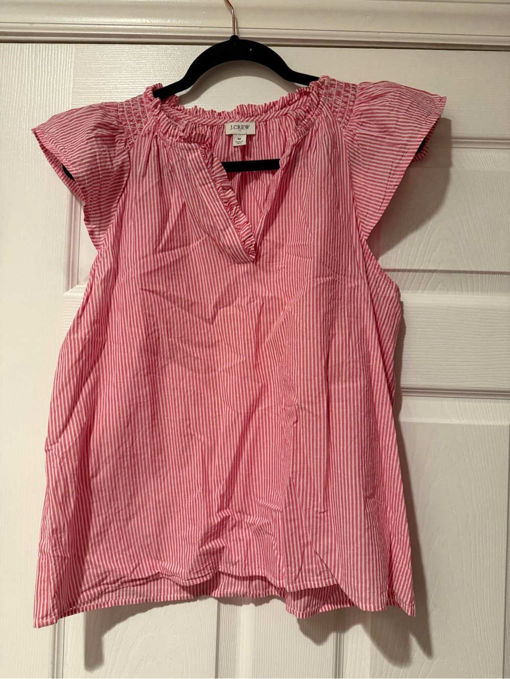 J. Crew Pink Striped Cap-Sleeve V-Neck Top